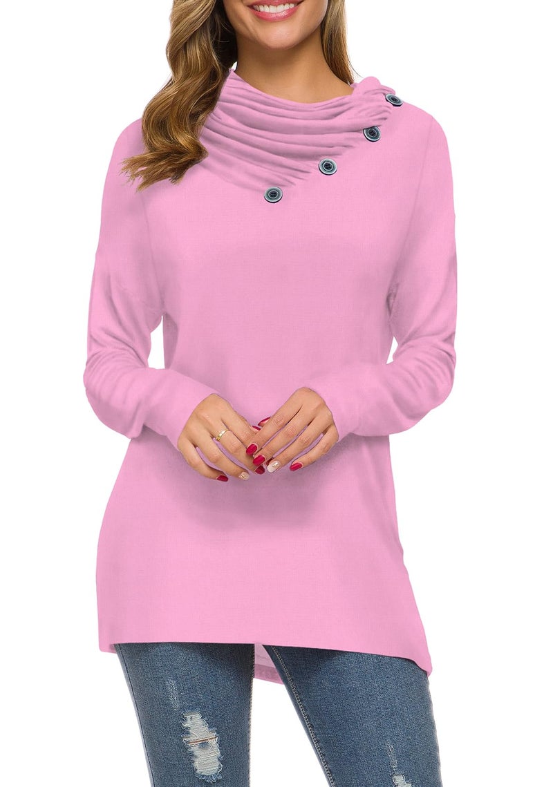 WEACZZY Womens Long Sleeve Shirts Button Cowl Neck Casual Loose Tunic Tops Blouse Dressy (Medium, 09 Pink) - Image 2